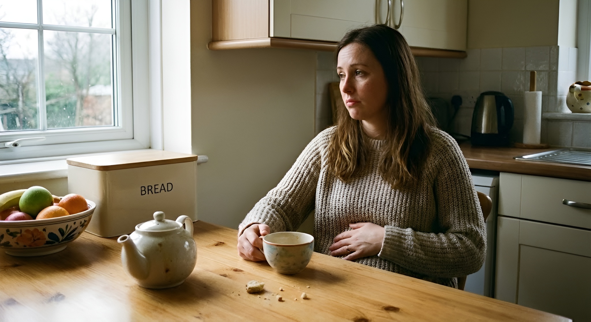 A person holding their stomach with a hungry expression next to a teapot.