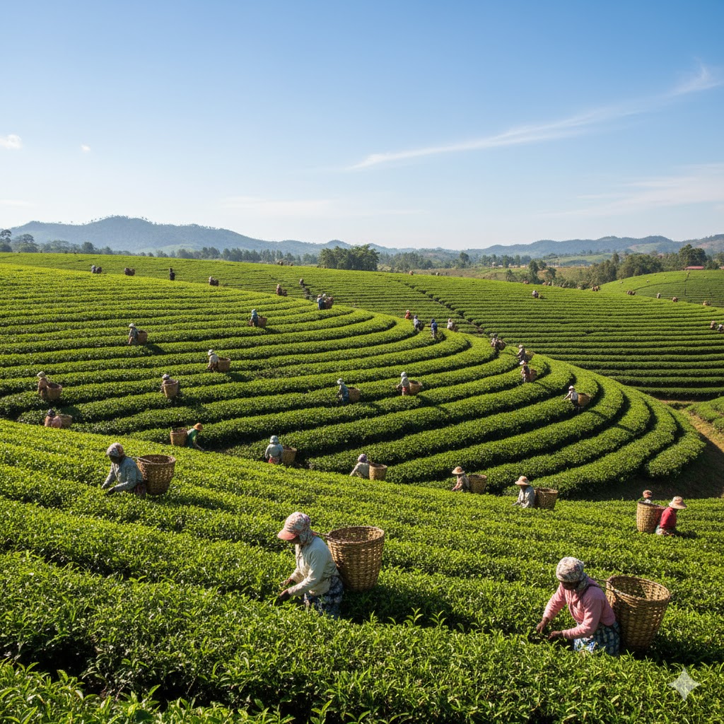 Lush tea estate in midday Malawi sun as pluckers apply their craft.