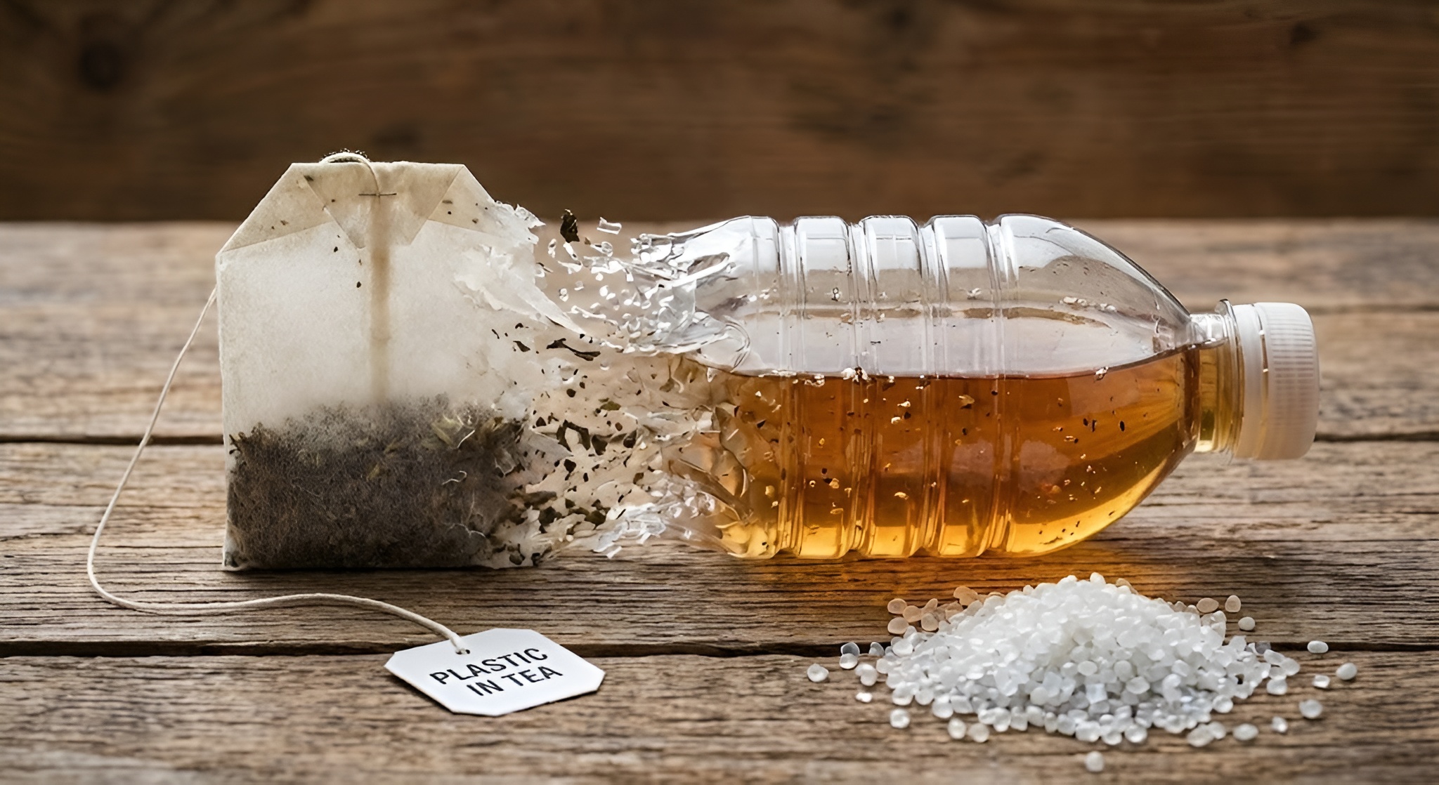 a tea bag transitioning to a plastic bottle showing the use of plastic in tea bags.