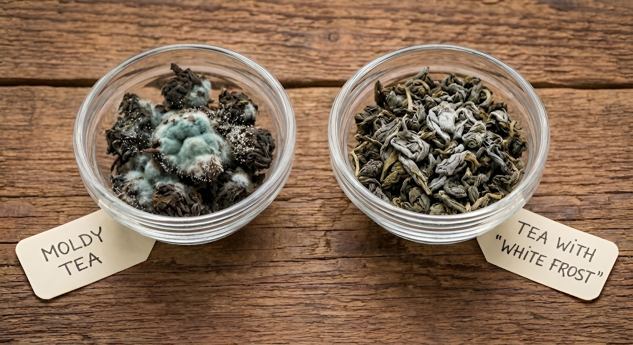 white frost on a pu-erh cake next to a moldy tea.