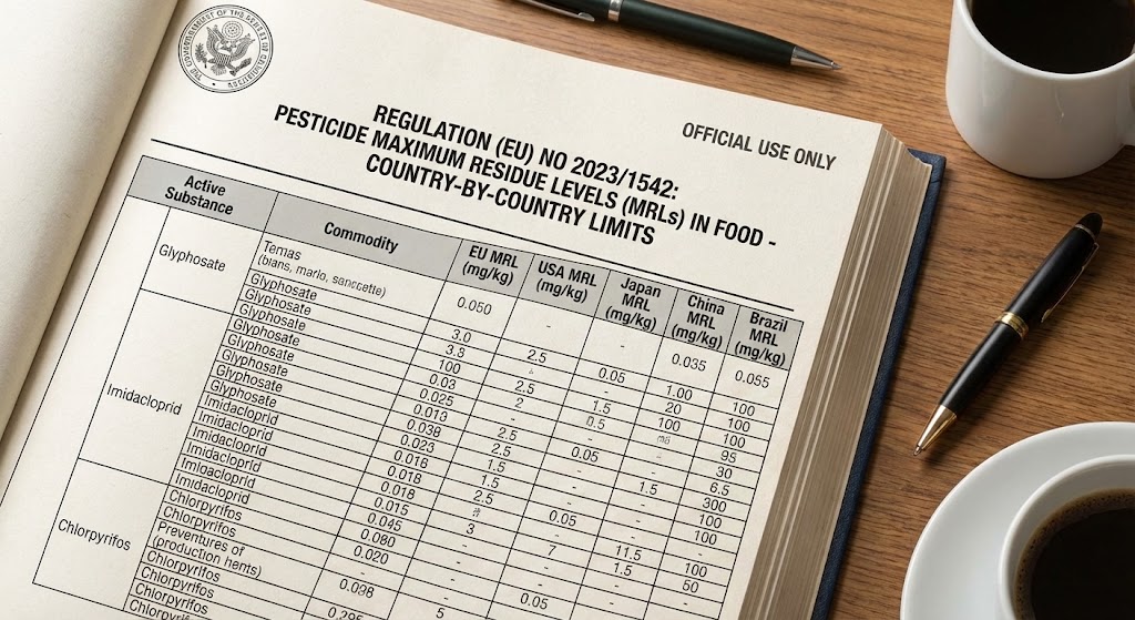 regulatory document showing MRL tables with country-by-country pesticide limits