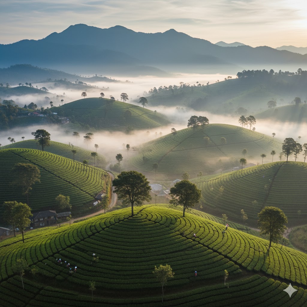 Blue Mountain picture dotted with beautiful tea estates in a misty morning.