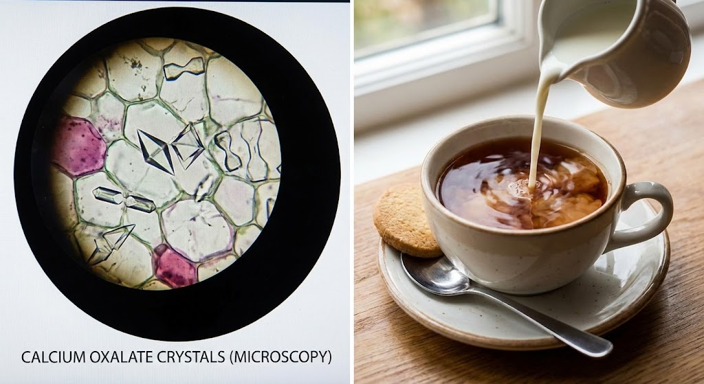 Calcium oxalate crystal microscopy image next to teacup with milk being poured.