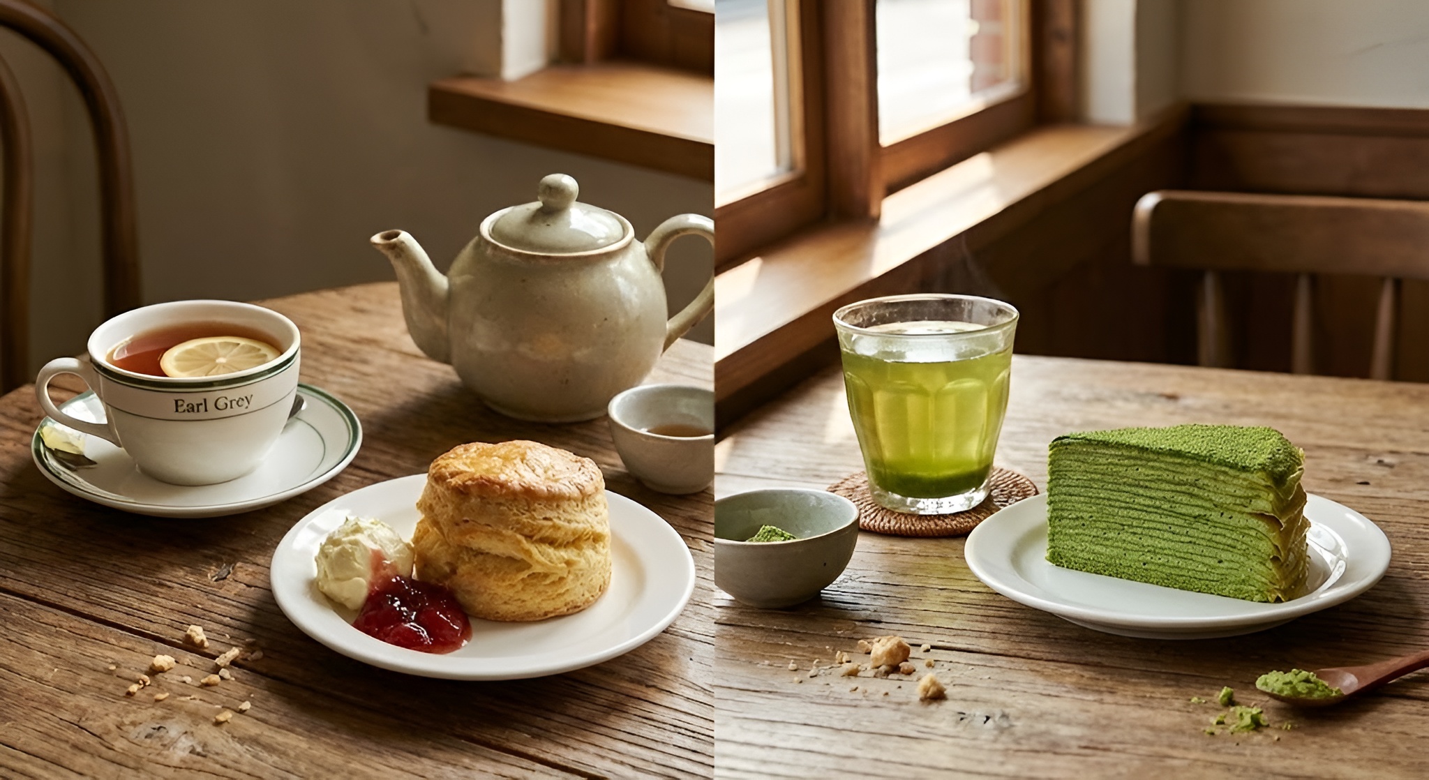 A perfectly set Afternoon Tea table with scones, jam, cream, and a silver teapot.