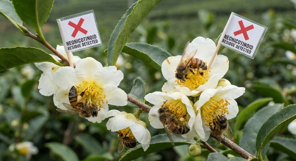 dead honeybees on tea flowers with neonicotinoid residue markers