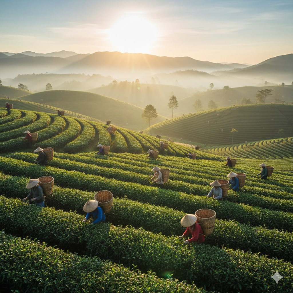 Tea leaves being plucked in a tea estate with the sun shining over the hills.
