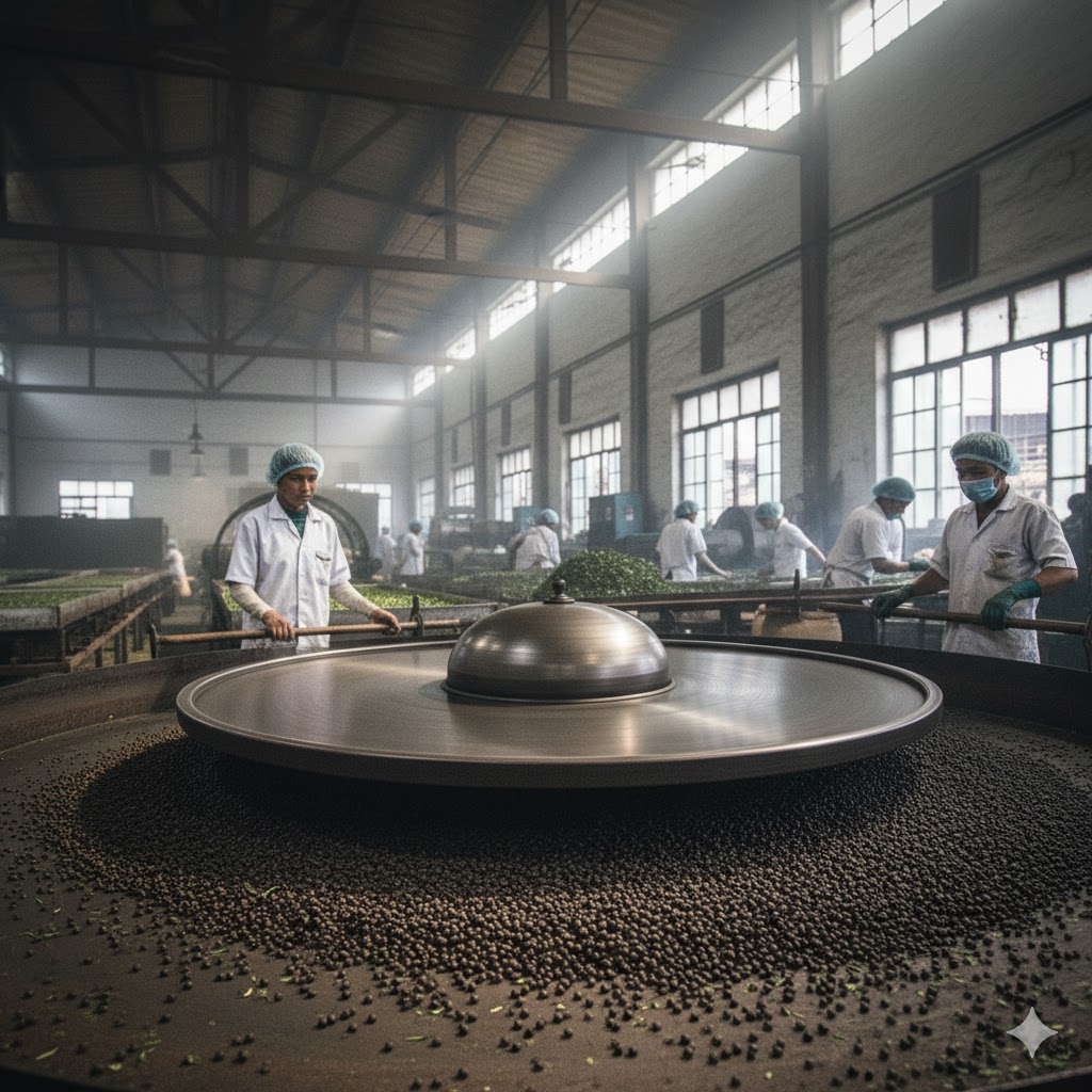 Orthodox teas been rolled on a table, shaping the tea leaves to Gunpowder tea.