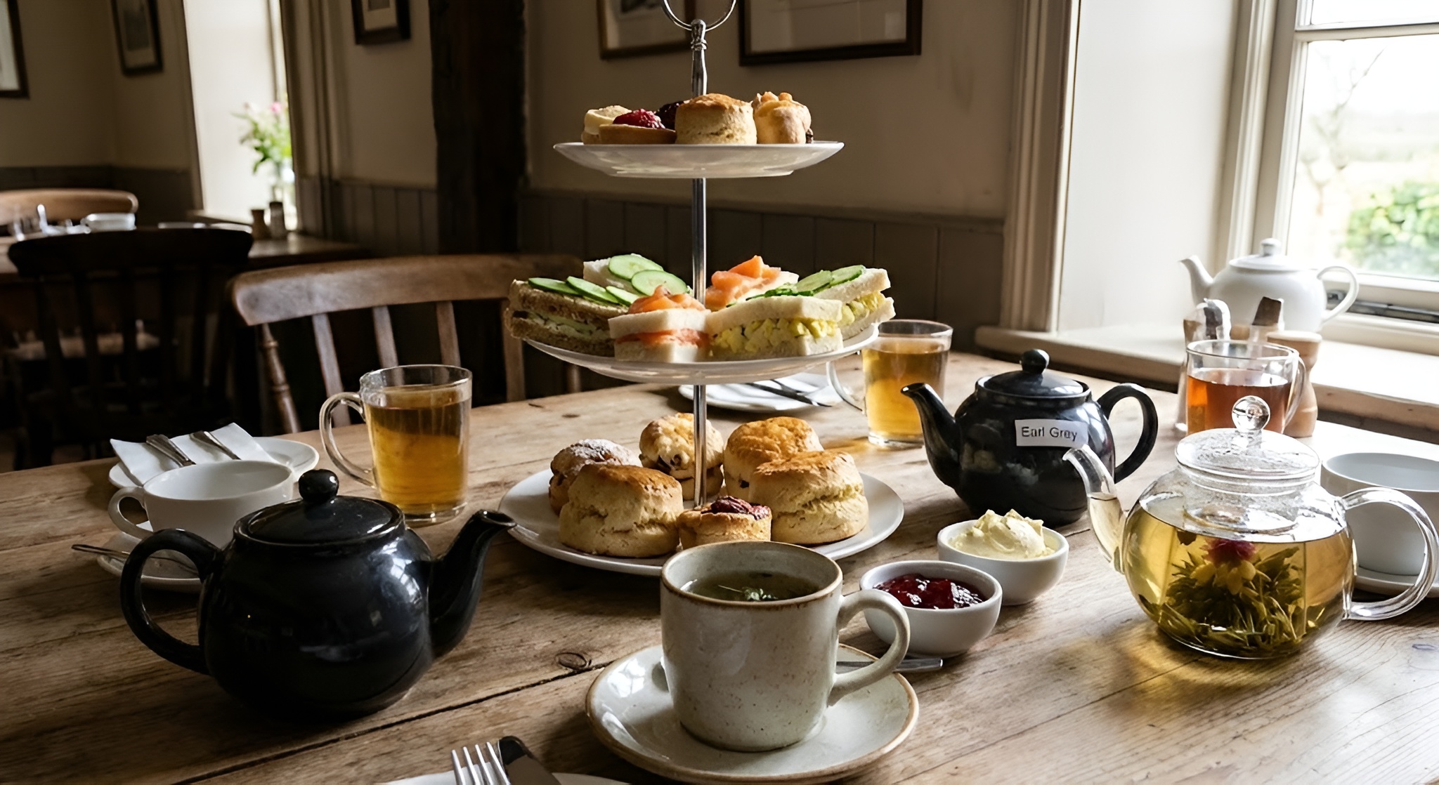 A tiered stand featuring finger sandwiches on the bottom tier and tea cups in the foreground.
