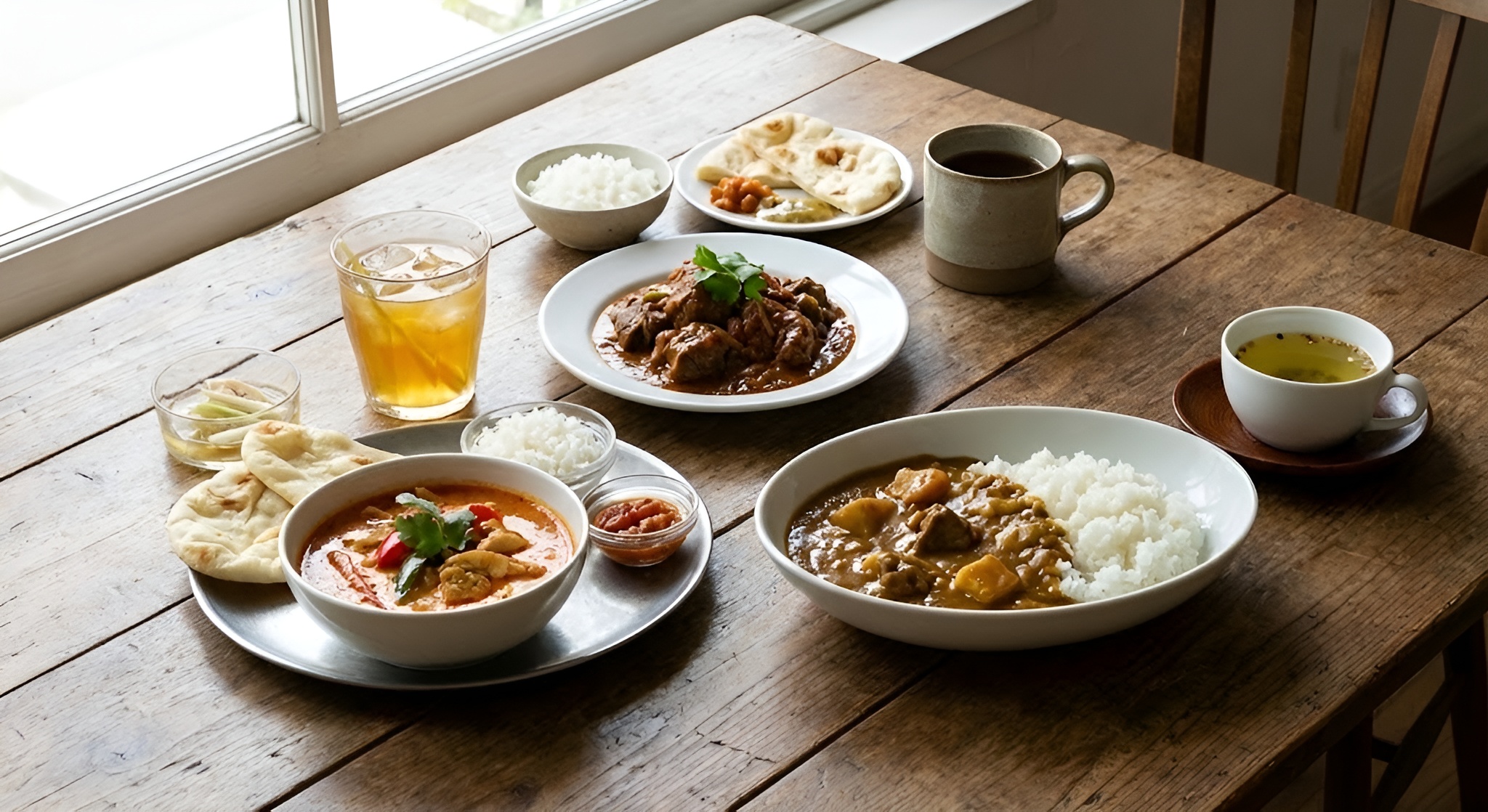 A steaming cup of masala chai next to a bowl of spicy red curry.
