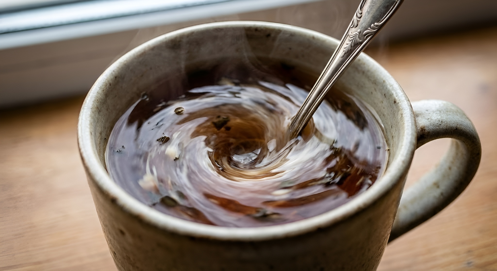 A top-down view of a silver spoon creating a vortex in a cup of tea.