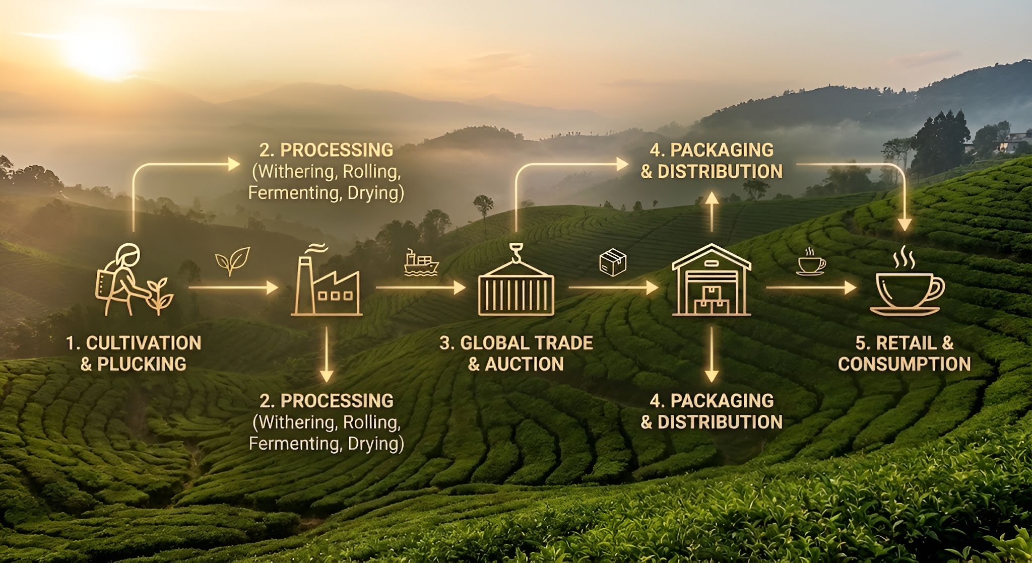 A pie chart visualizing the cost breakdown of a box of tea overlaid on a tea field.