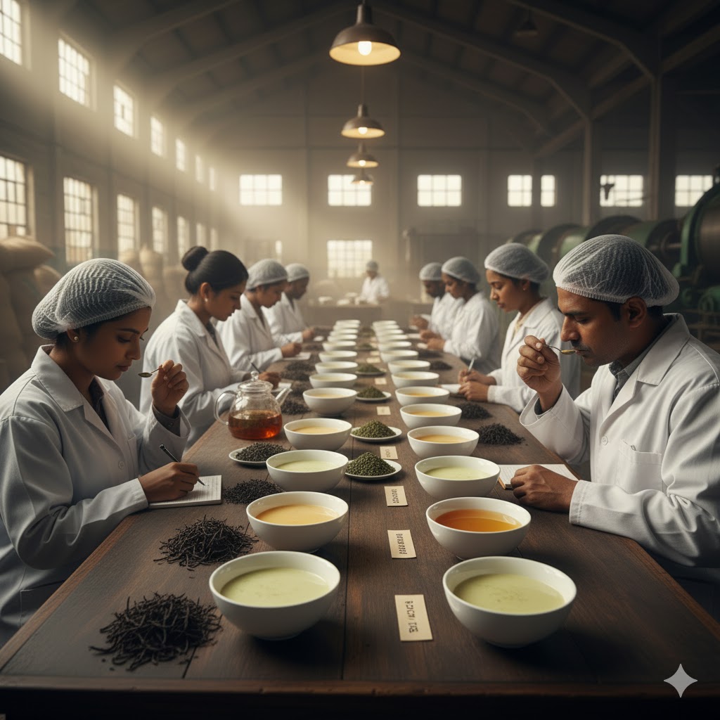 A tasting counter full of different teas - milk oolong, formosa oolong.