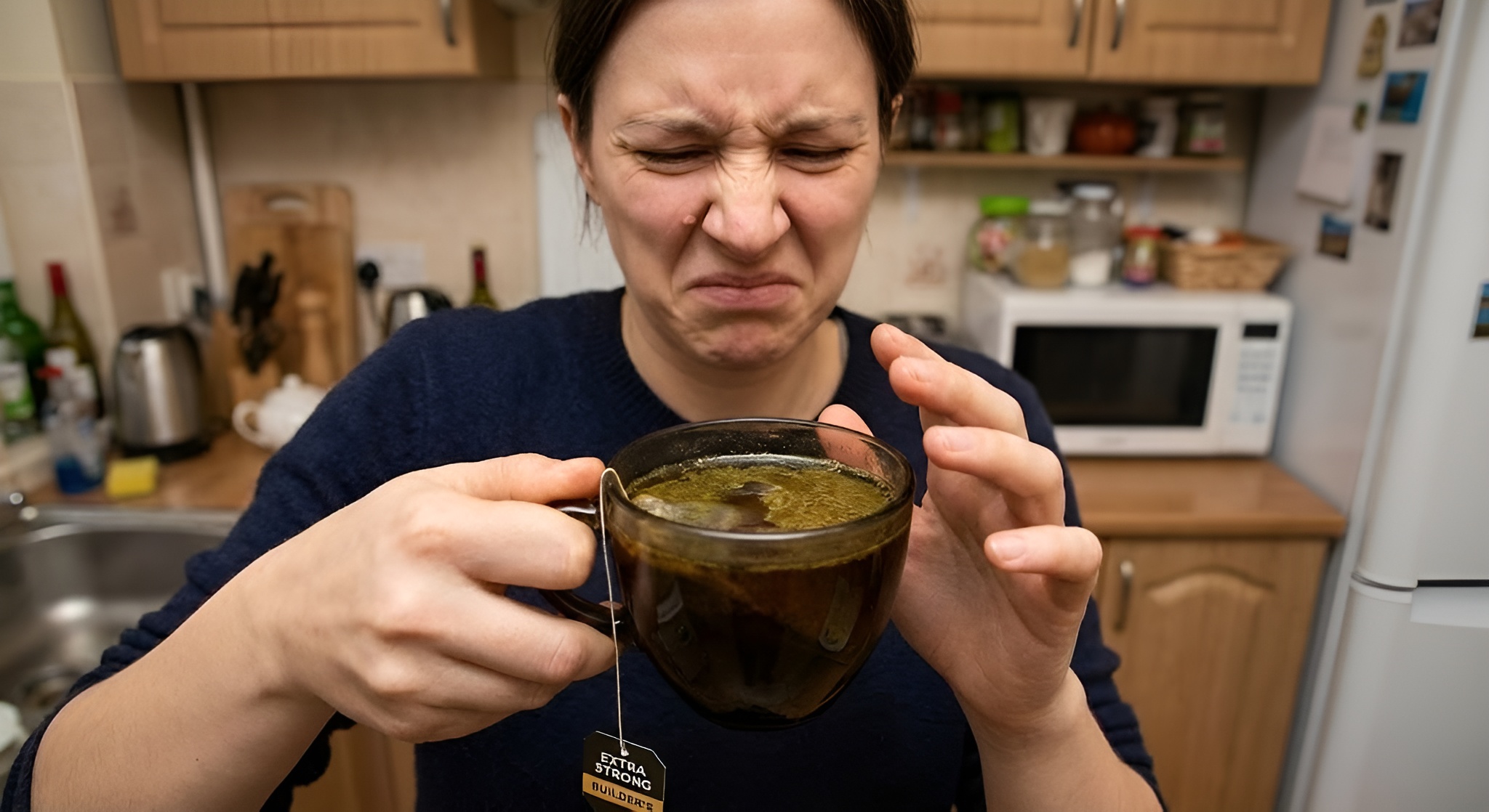 A molecular diagram of a polyphenol overlaying a cup of dark, over-steeped tea.