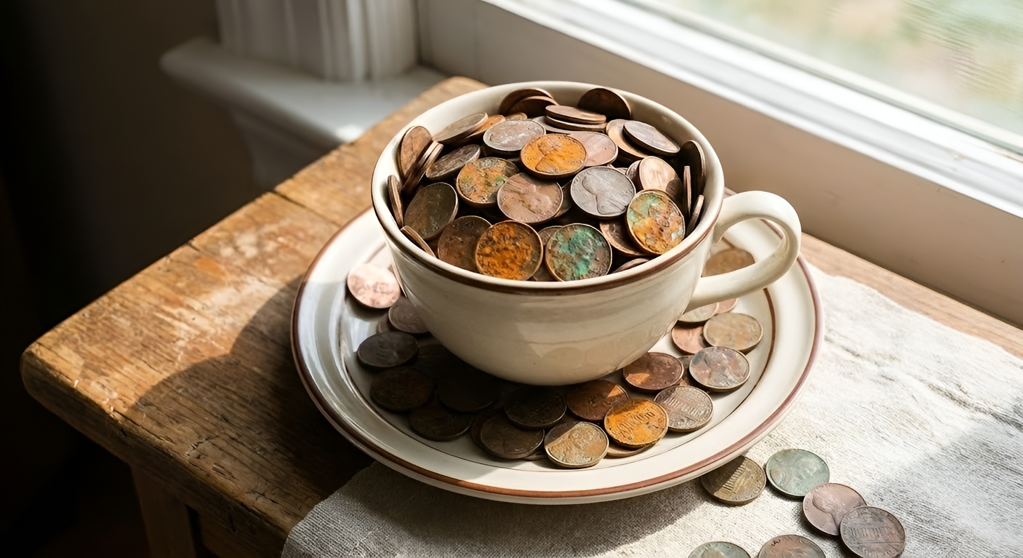 A cup of tea next to a rusty kettle and some coins, symbolizing metallic taste.