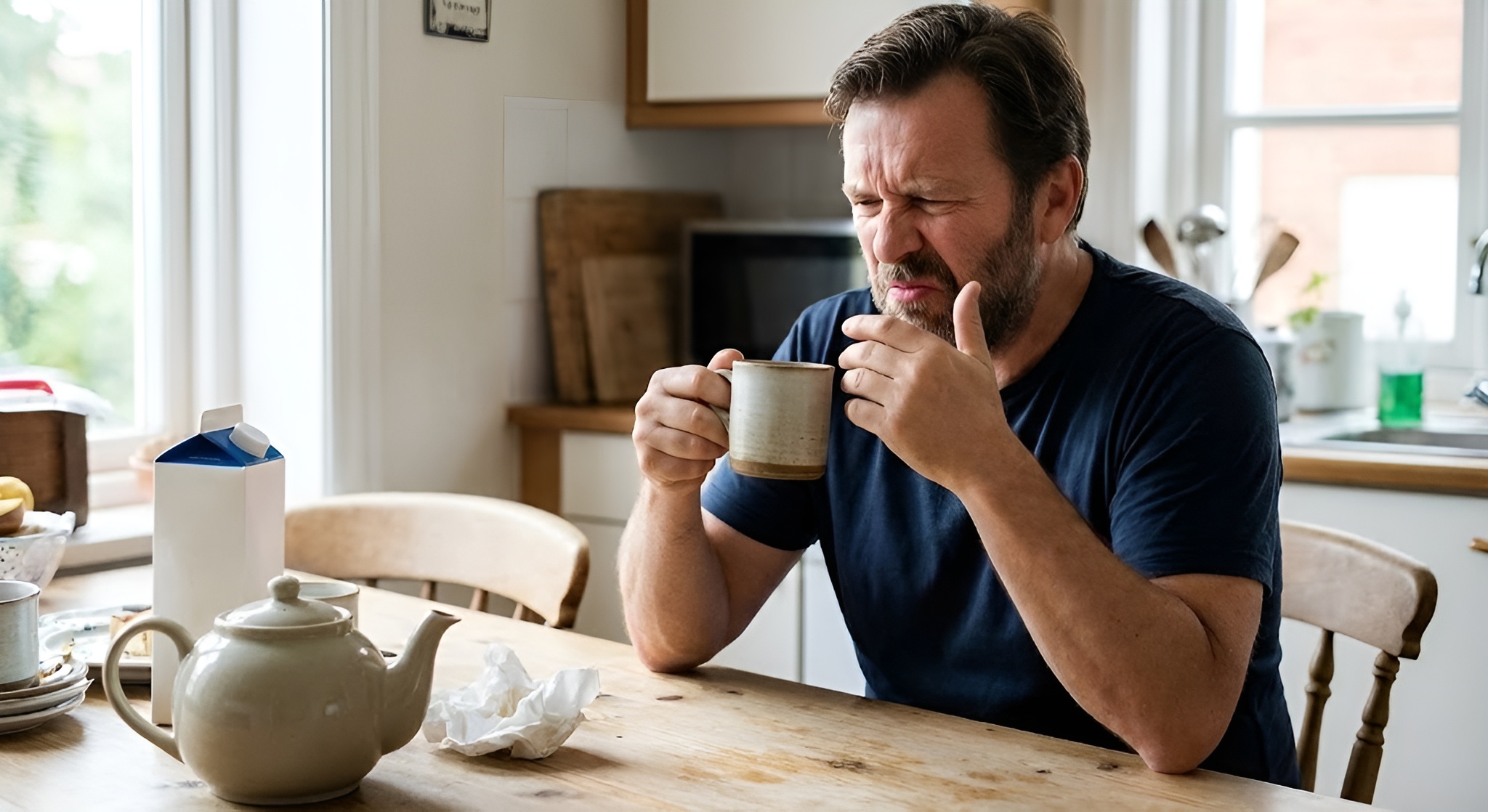 A person inspecting a cup of tea with a concerned expression, with lemon slices in the background.