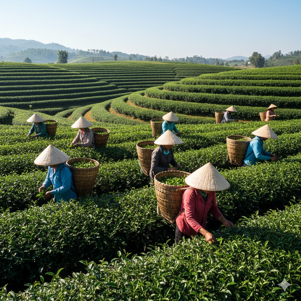 Pluckers workign in the field with traditional vietnamese hats protecting them from midday sun.