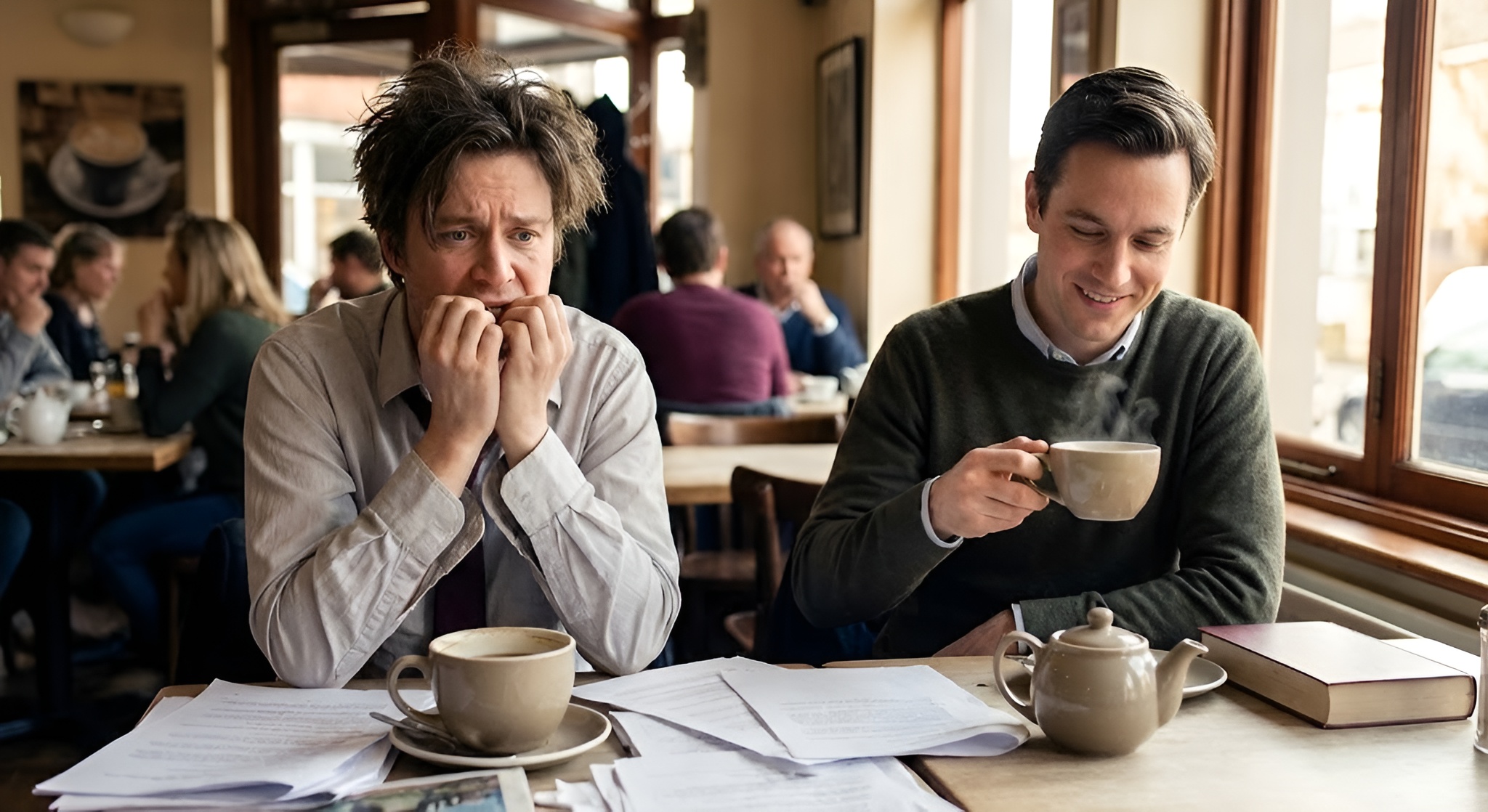 some looking very stress and anxious drinking coffee next to some who appears to be very calm with a cup of tea.