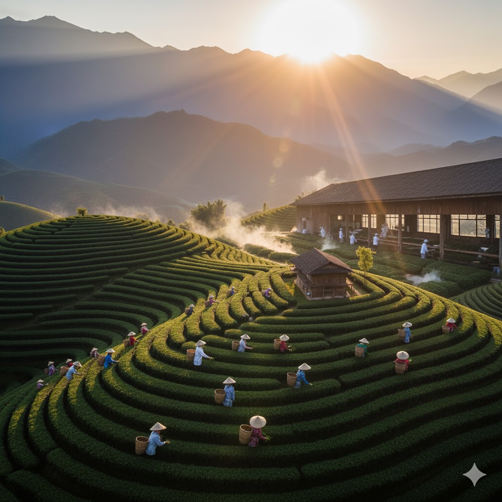 Sun setting over Yunnan mountains with tea estate in the foreground.
