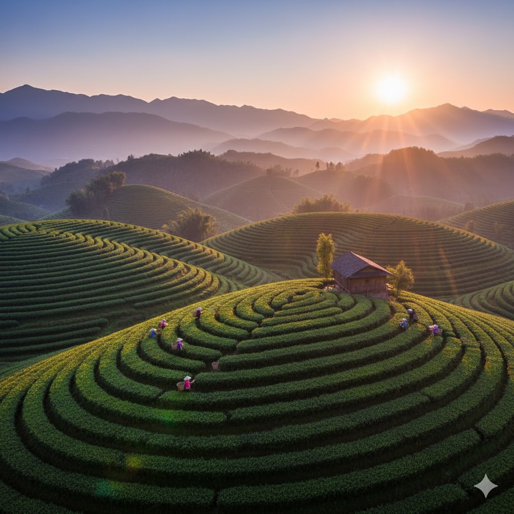 Sun setting over Zhejiang mountains with tea estate in the foreground.