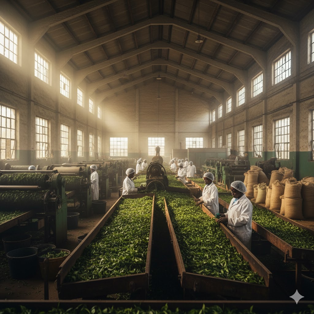 A tea factory in Zimbabwe processing freshly plucked leaf.