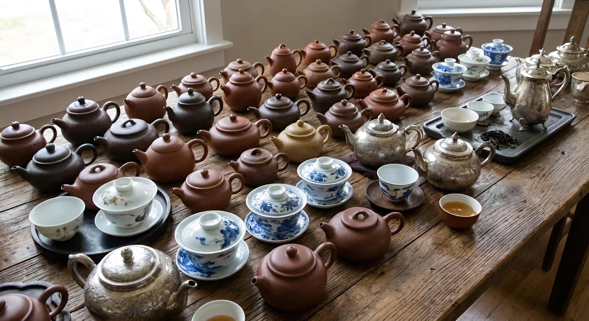A collection of Yixing clay, porcelain gaiwans, and silver teapots on a wooden table.