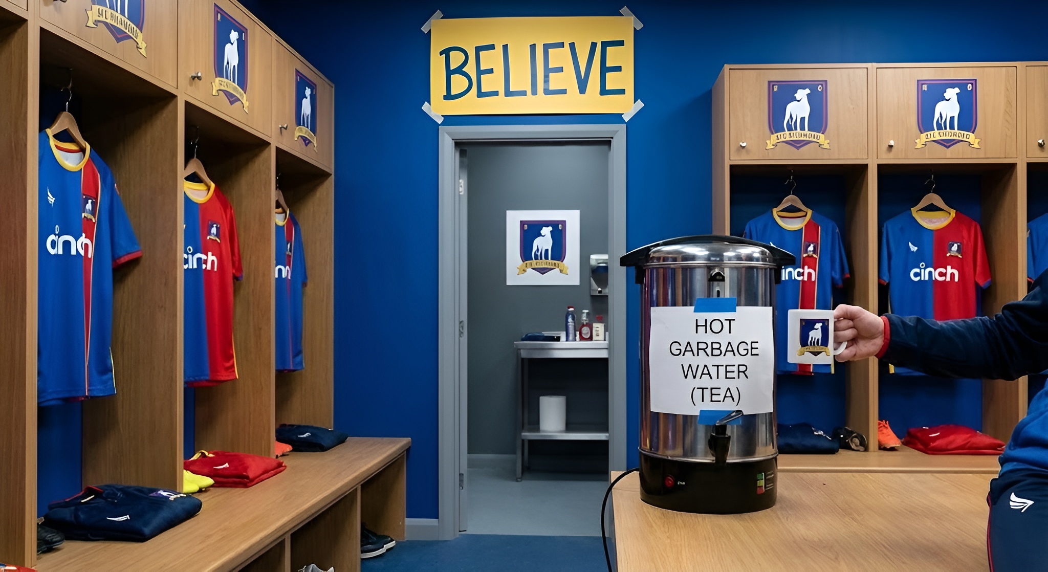 A pink box of biscuits next to a rejected cup of tea.
