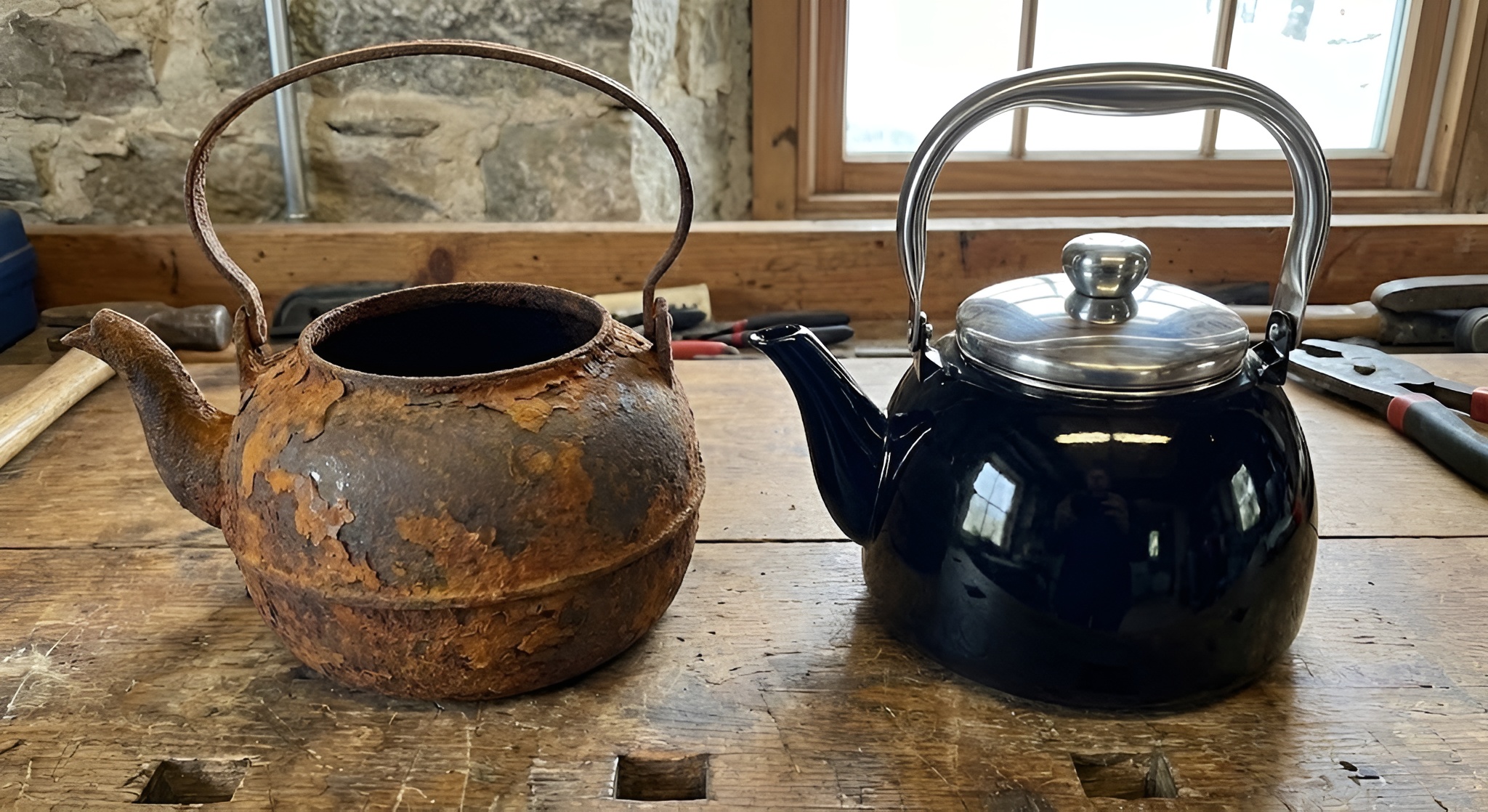 A rusting unlined iron kettle next to a shiny black enamel teapot.