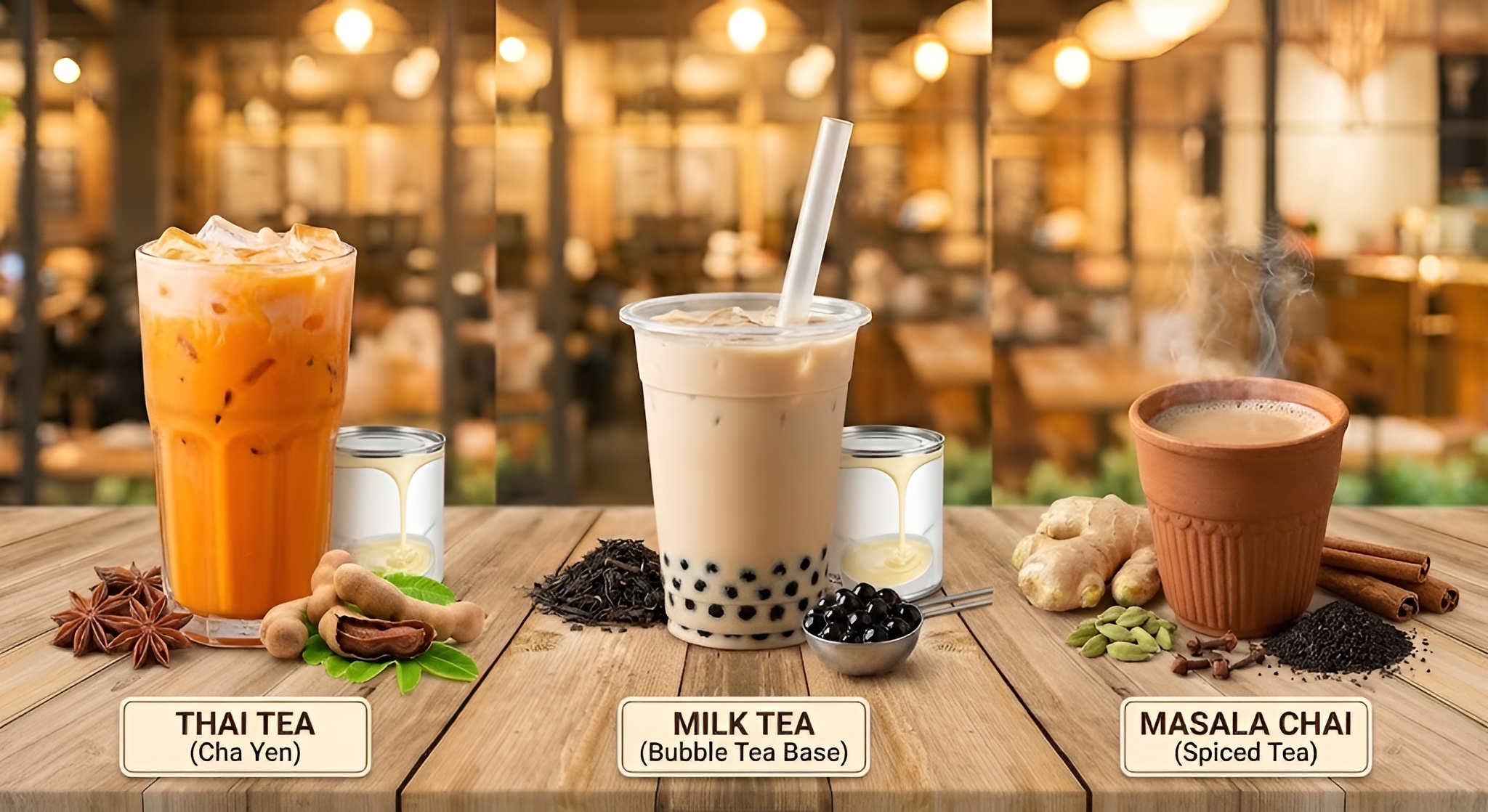 Three distinct glasses of tea: vivid orange Thai tea, brown bubbly milk tea, and spiced masala chai.