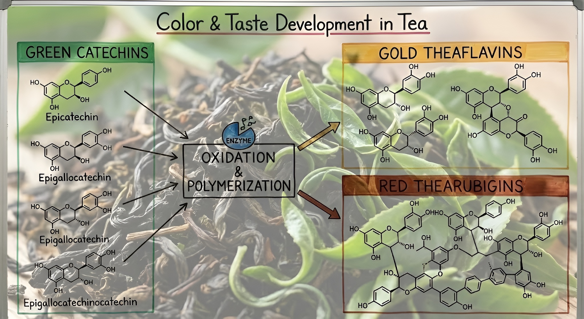 A diagram showing the chemical conversion of green Catechins into Gold Theaflavins and Red Thearubigins.