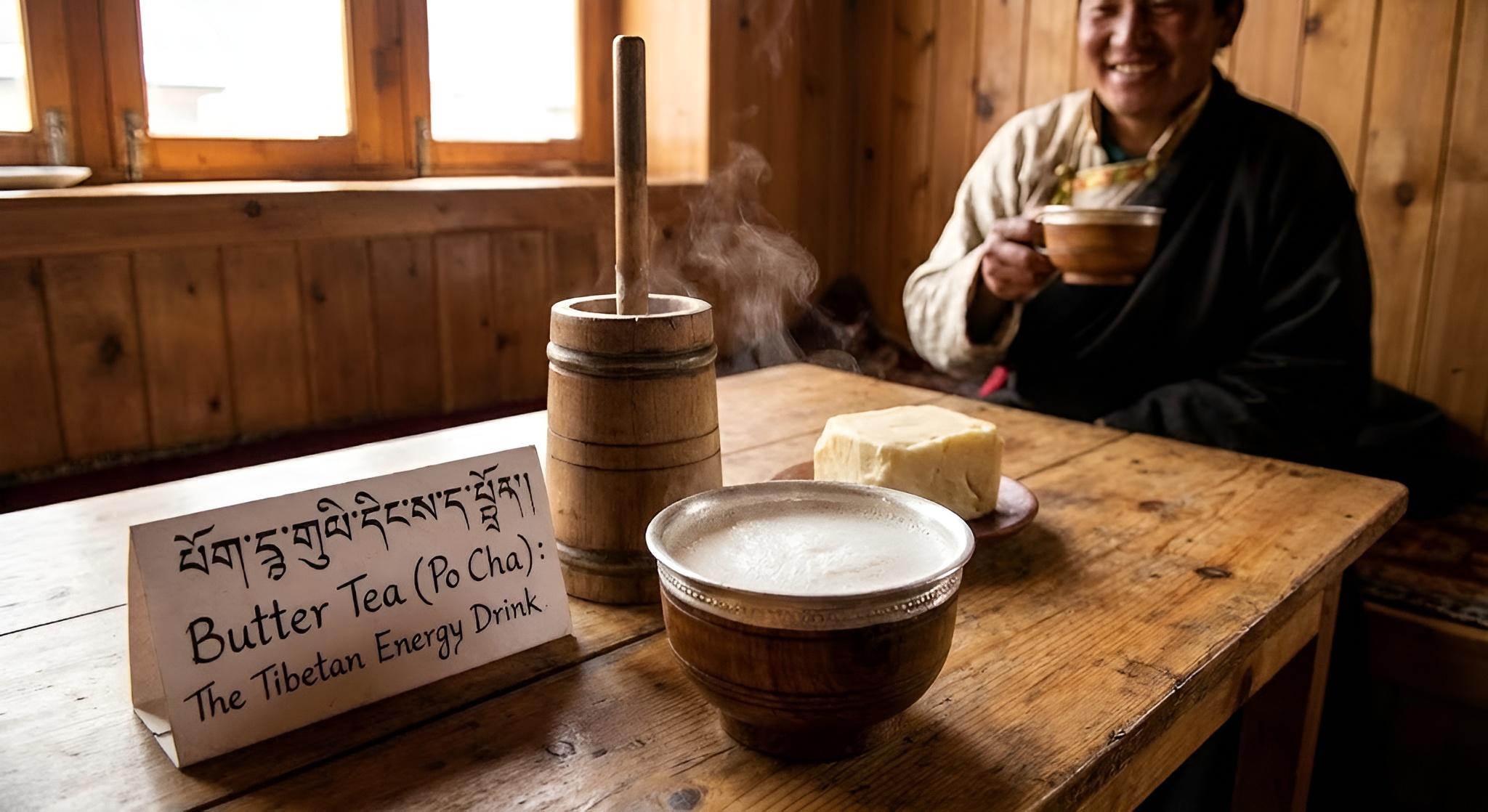 A Tibetan nomad pouring butter tea from a brass kettle into a wooden bowl.
