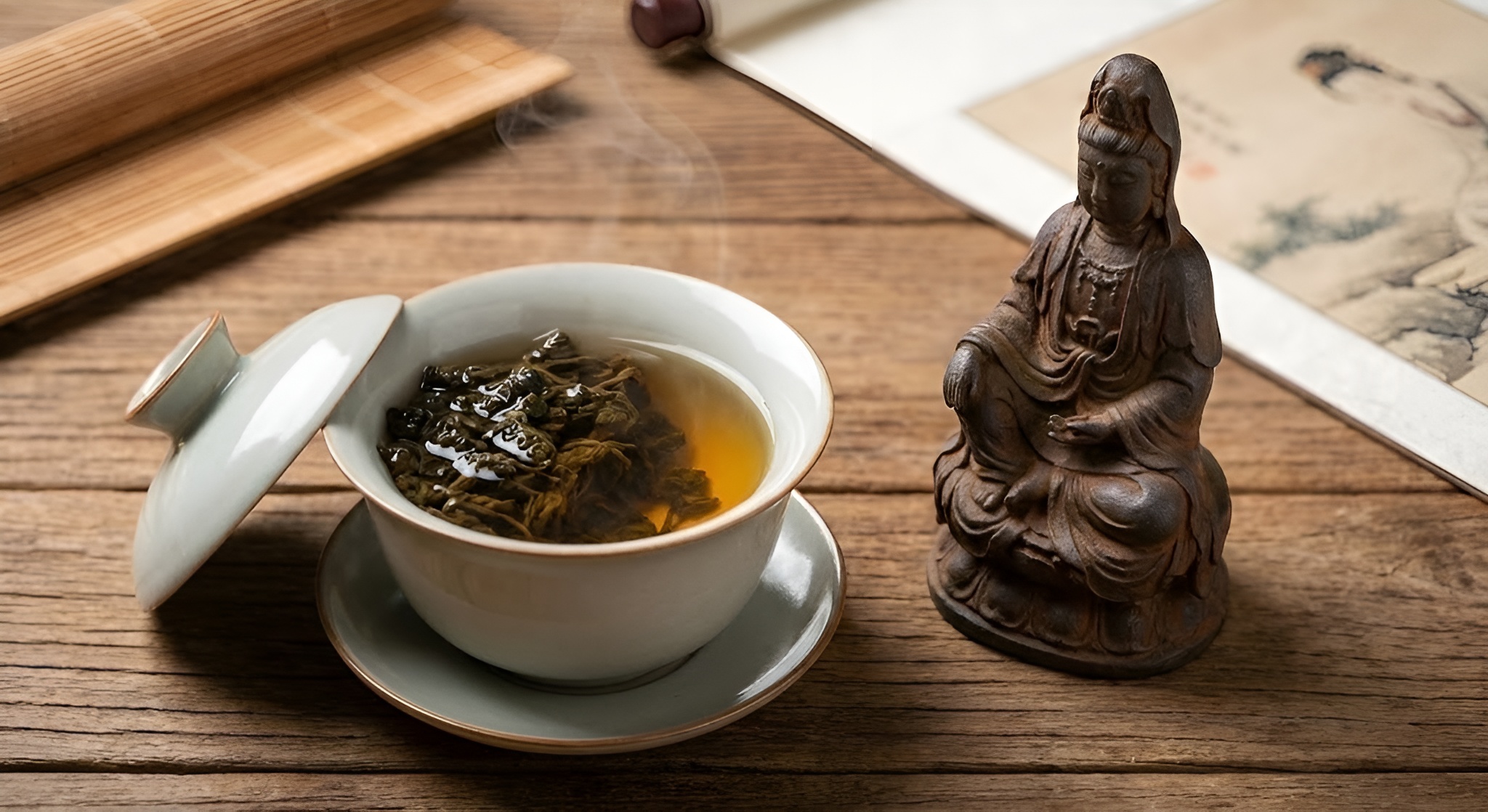 A beautiful, lush green tea terrace cascading down a mountainside.