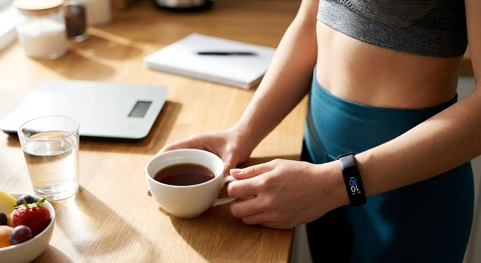 hands cradling a peppermint tea infront of a woman's flat stomach in a crop top.