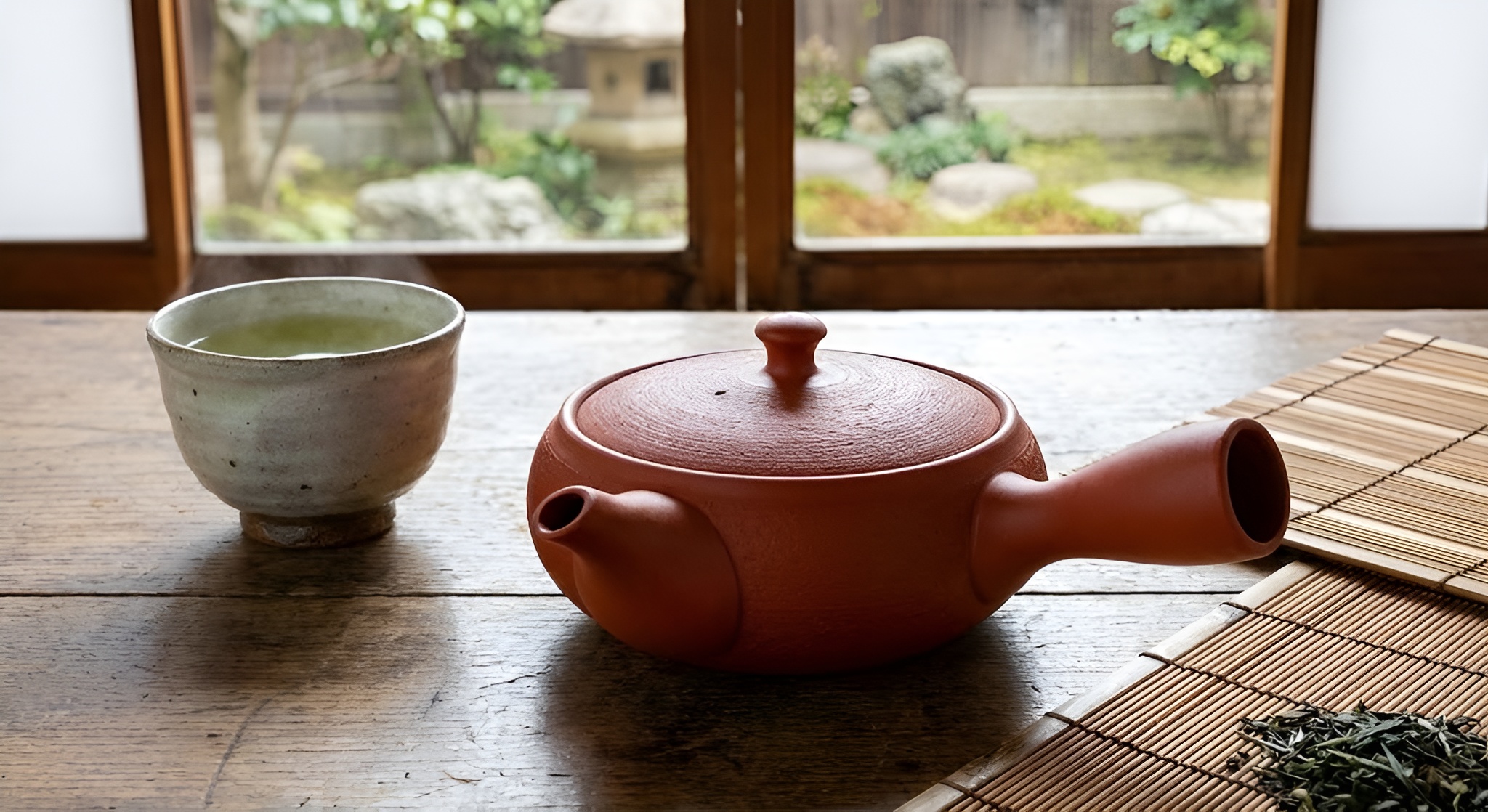 A vermilion red Tokoname teapot with a side handle and a cup of green tea.