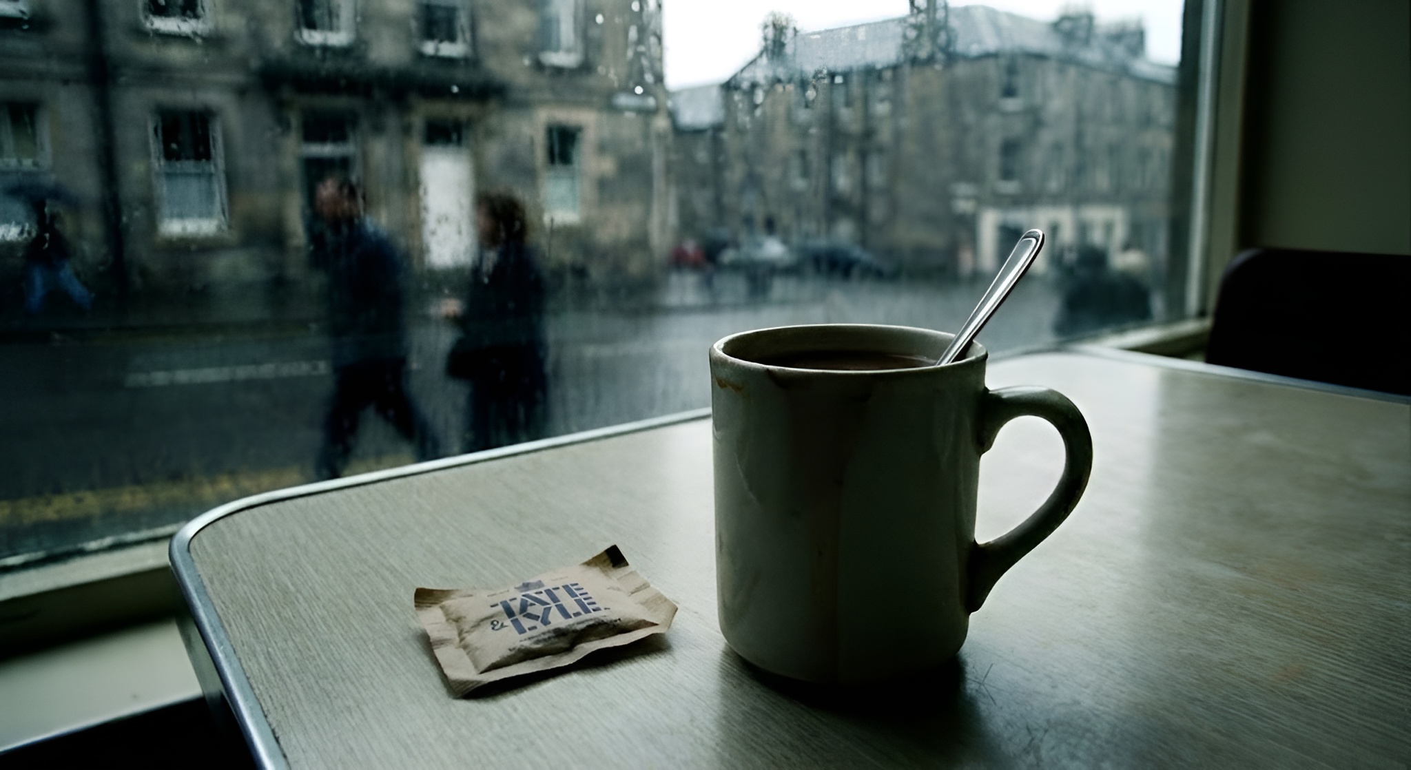 A gritty aesthetic shot of a strong cup of tea, a spoon, and a packet of sugar in a 90s Edinburgh diner setting.