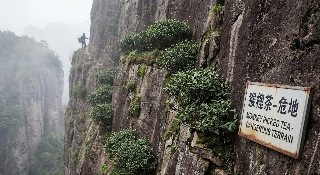 steep cliff with tea bushes growing on dangerous terrain so-called monkey picked tea