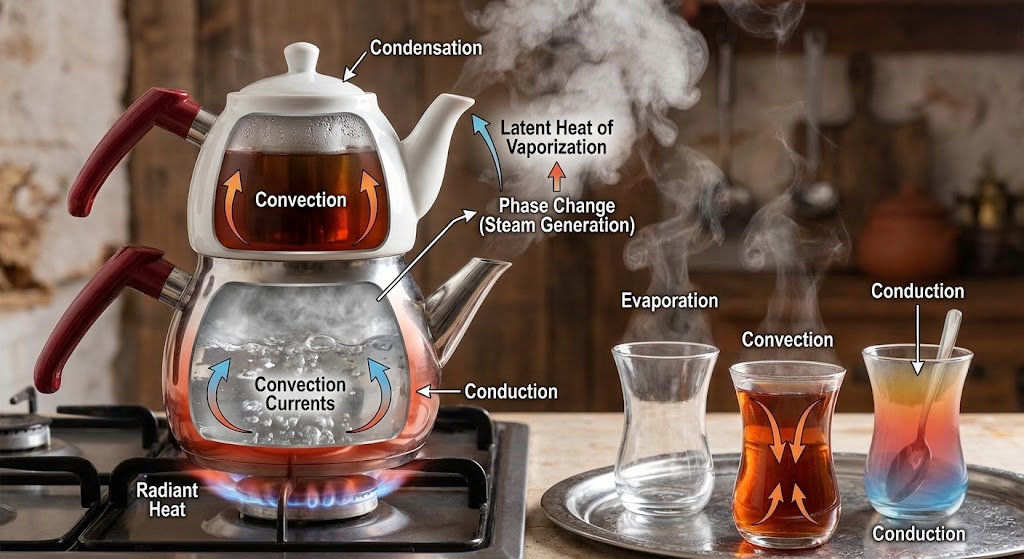 Turkish caydanlik double kettle with tulip tea glasses showing steam heat physics
