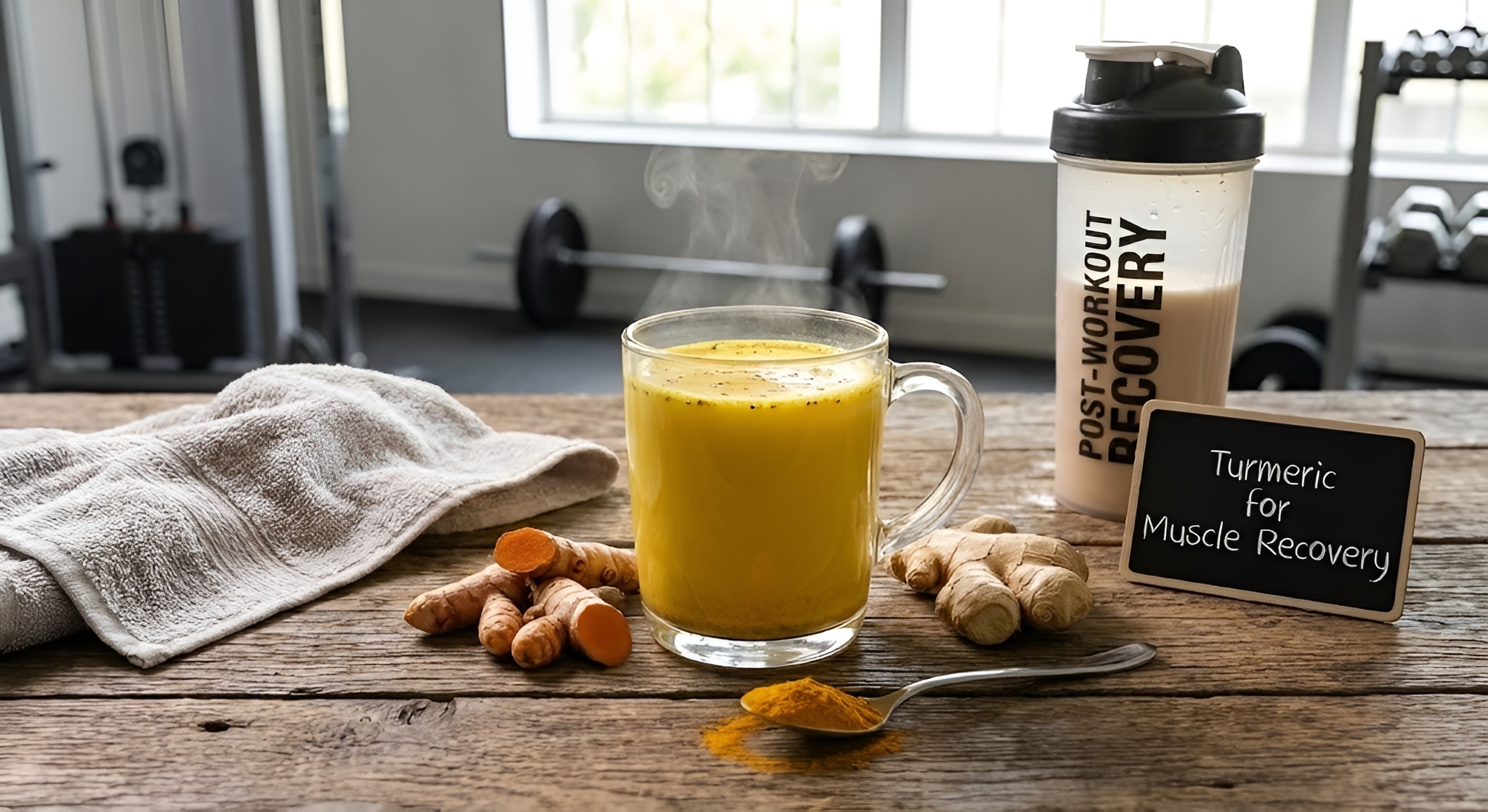 A glass of golden milk turmeric tea next to a foam roller and gym towel.