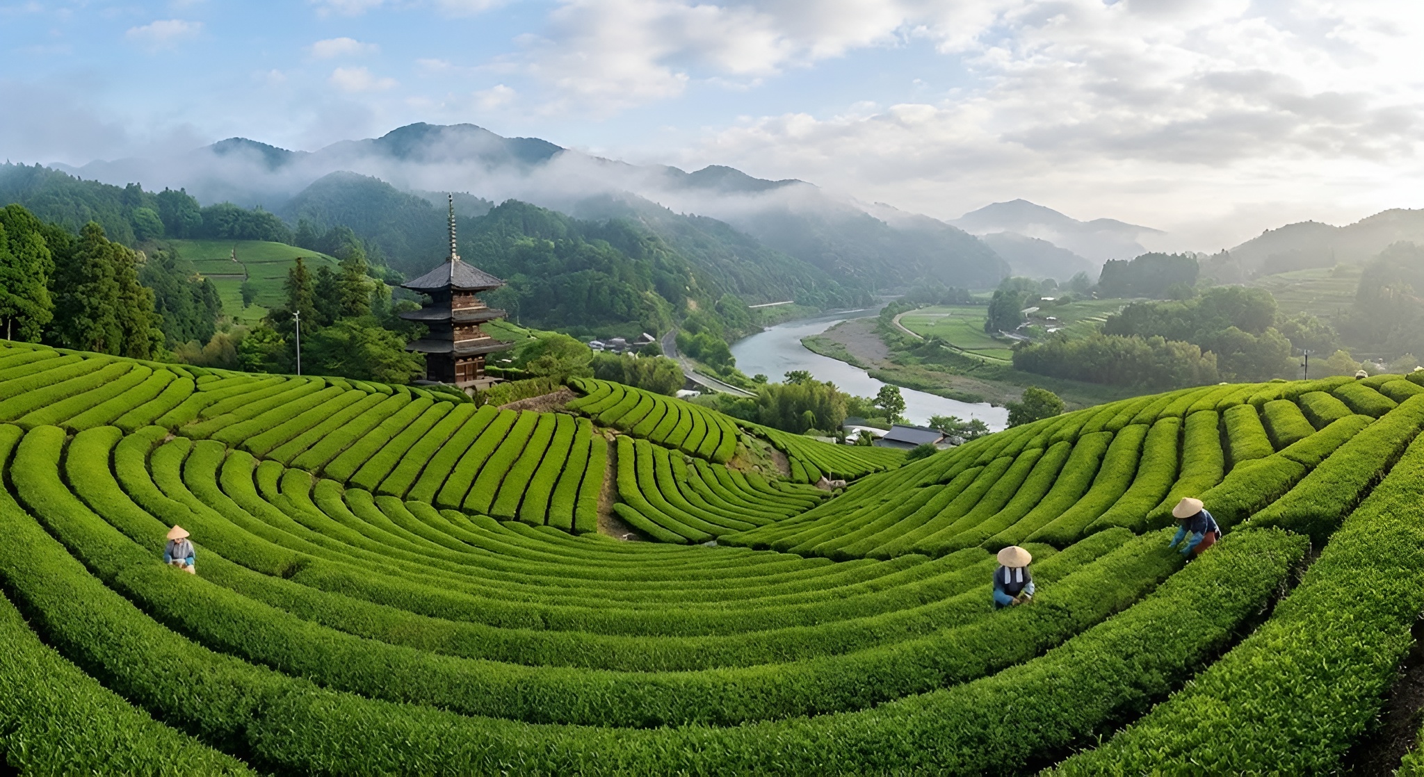 Traditional shaded tea fields in Uji covered with black shading nets near the river.
