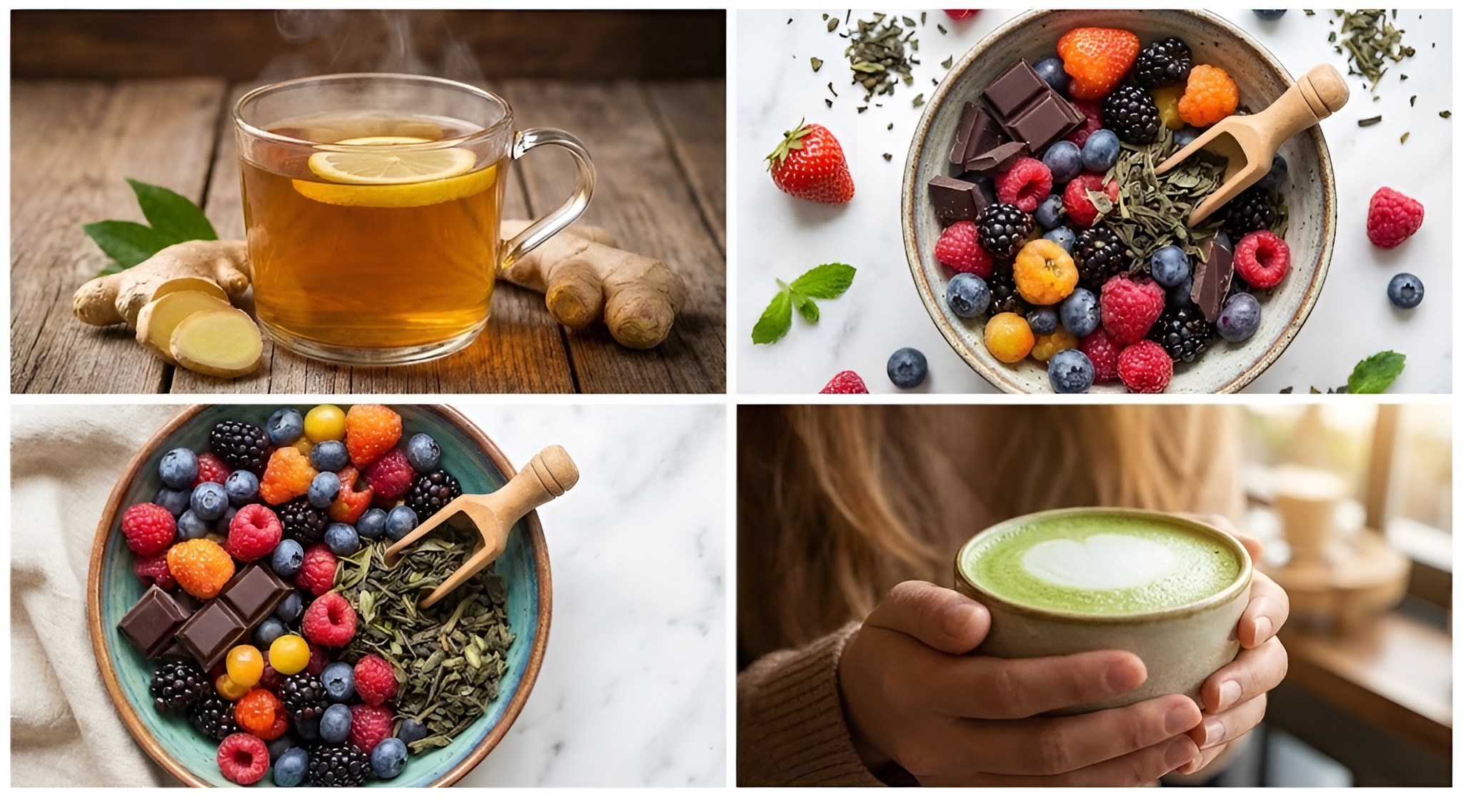 A deep green cup of Gyokuro tea next to savory foods like seaweed and mushrooms.