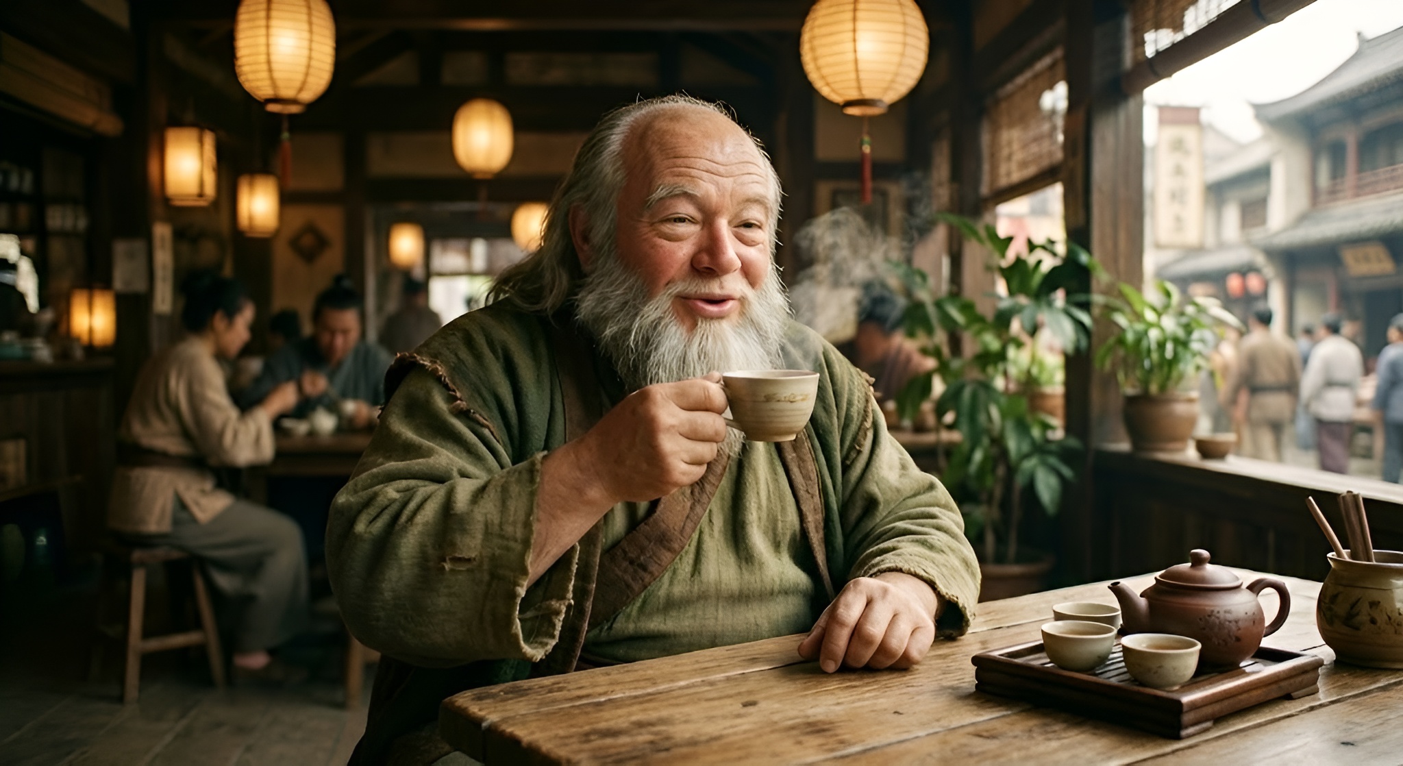 Uncle Iroh smiling and holding a cup of steaming tea.