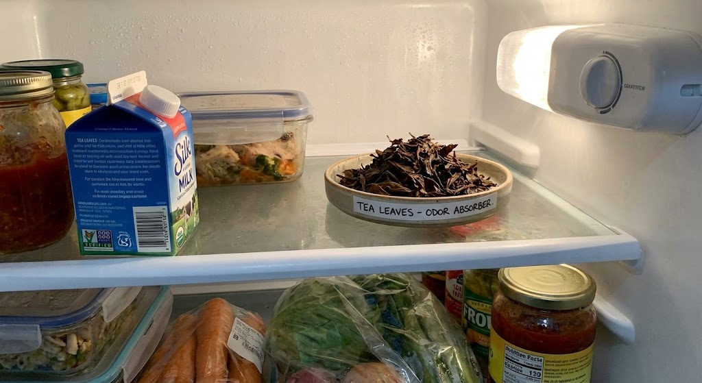 small dish of dried used tea leaves placed in back of refrigerator absorbing odors