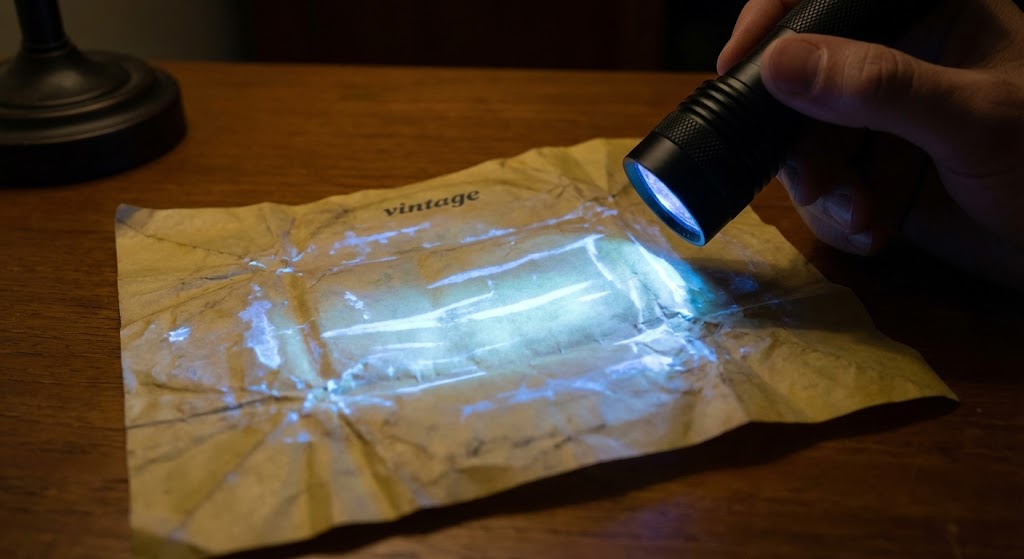 tea wrapper under UV light showing bright blue glow versus dull authentic wrapper