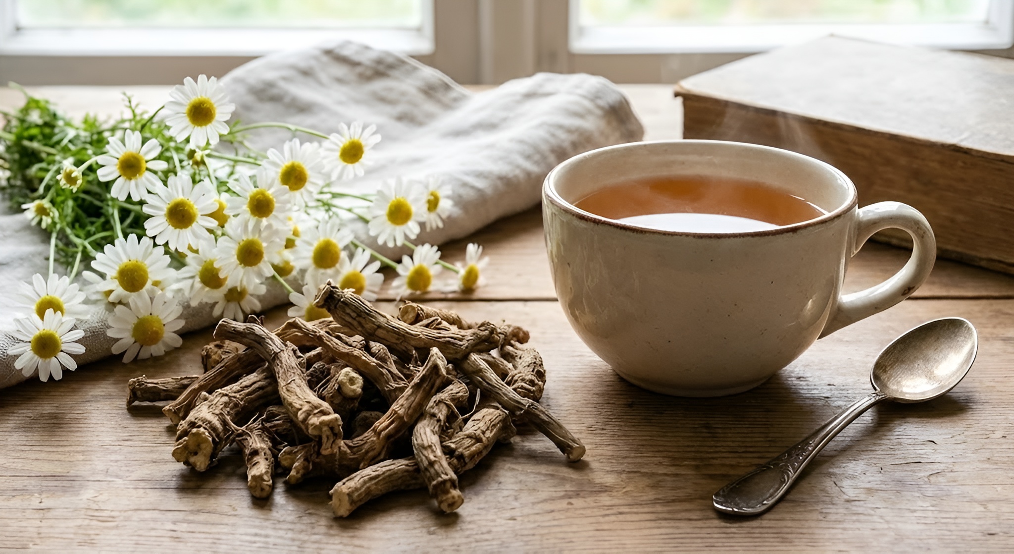 Comparison of dried valerian root and chamomile flowers.