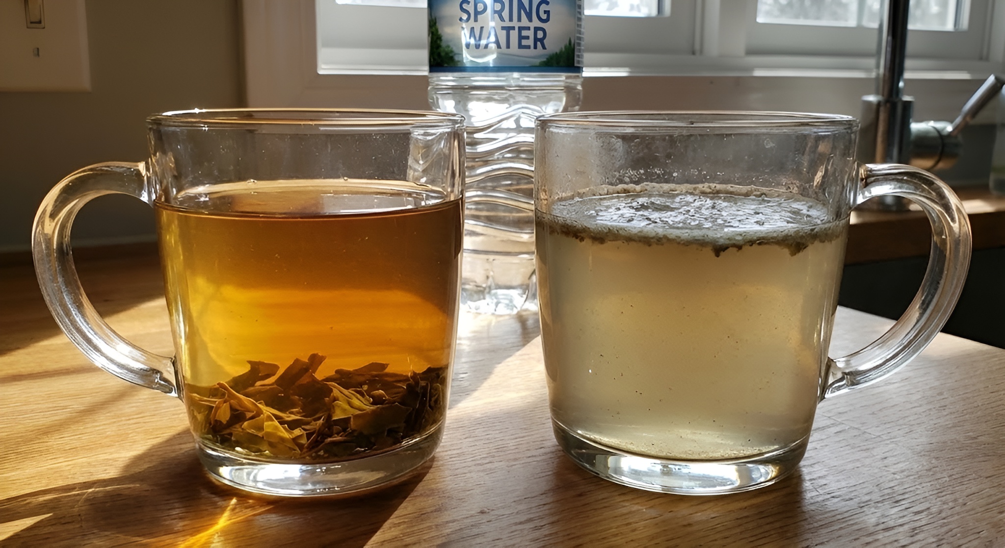 A clear glass of tea brewed with good water next to a cloudy, scummy glass brewed with hard tap water.