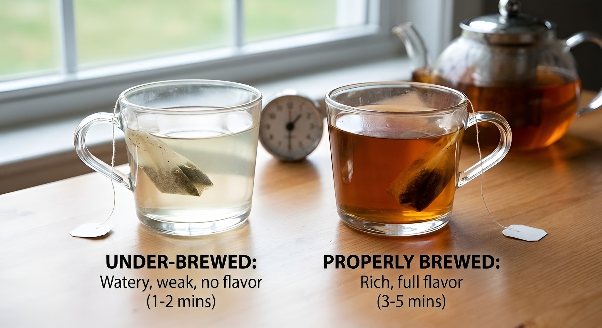 A disappointing cup of pale, weak tea next to a vibrant, robust cup.