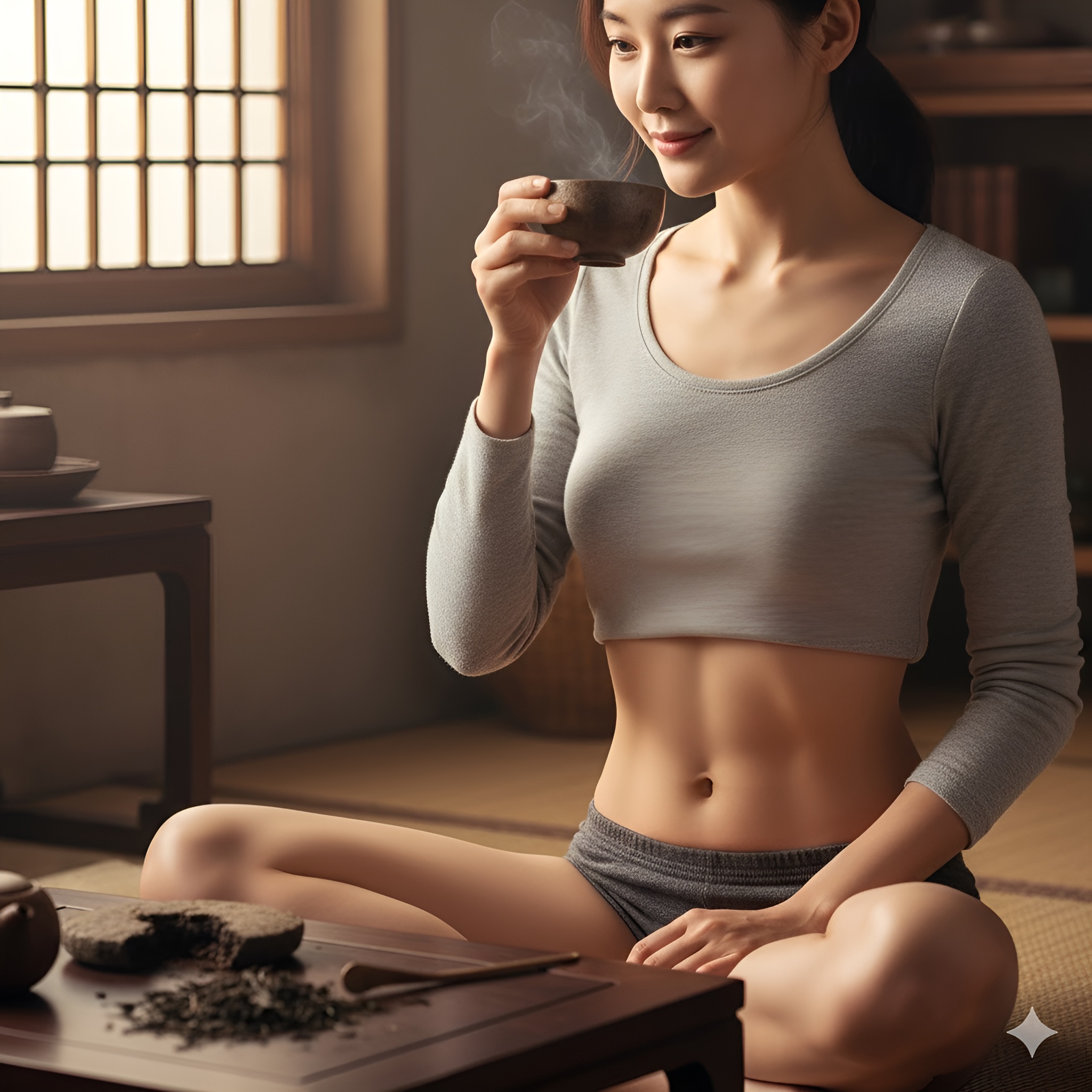 a woman drinking a cup of pu-erh tea showing her flat stomach.