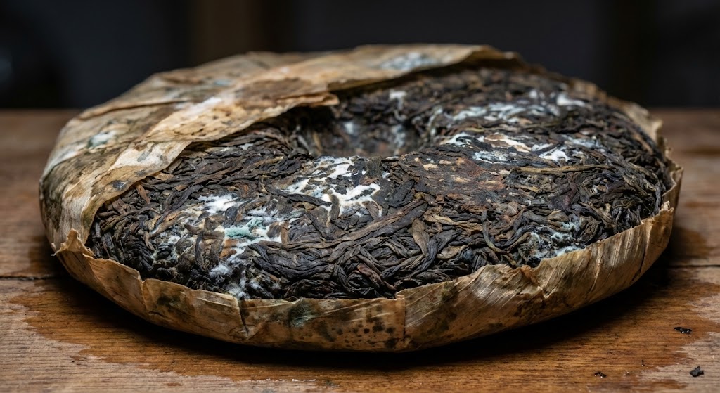 wet-stored puerh with white mold versus dry-stored clean aging