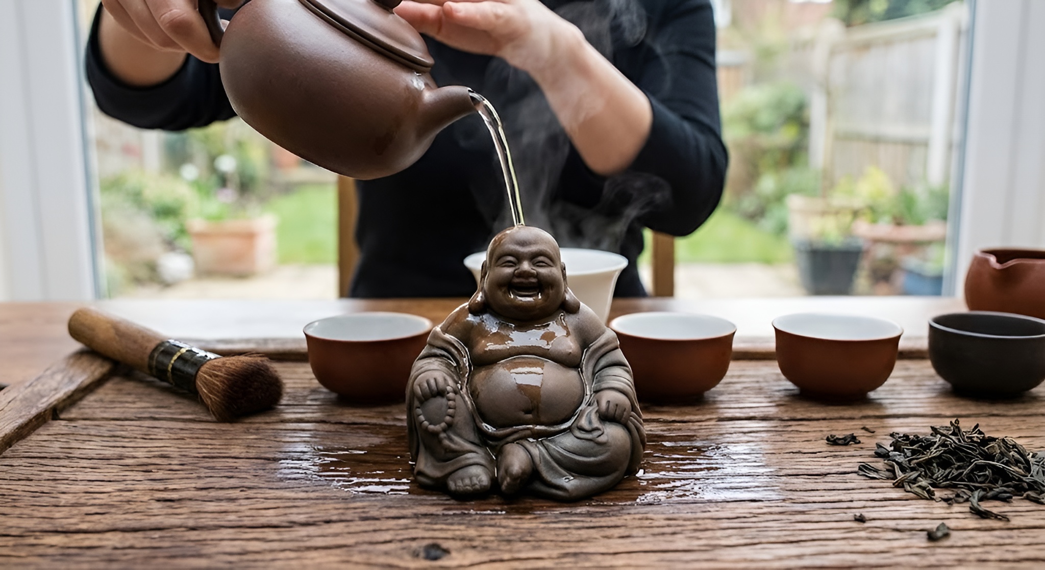 A clay tea pet toad being showered with hot tea water on a bamboo tray.
