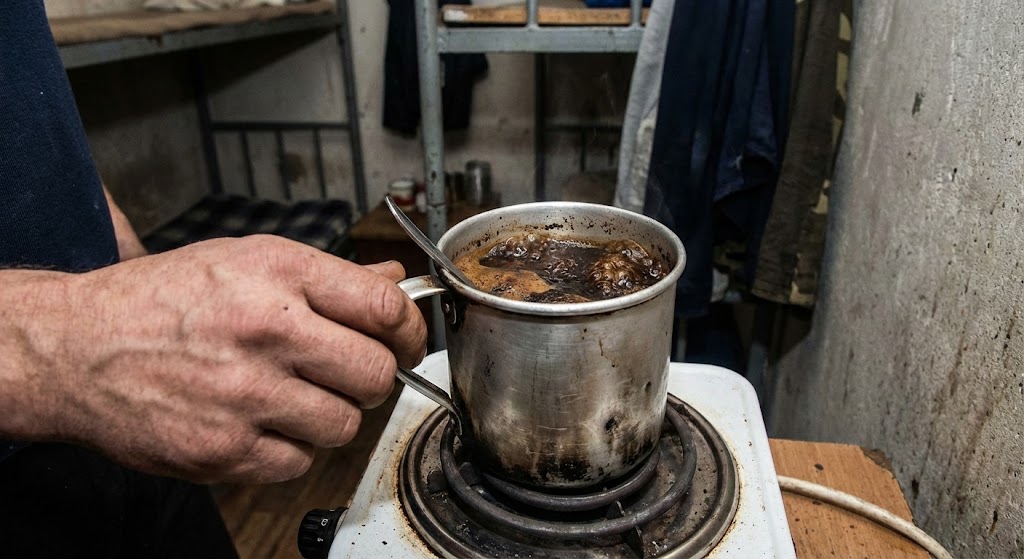 small pot of dark thick chifir tea sludge boiling in russian prison