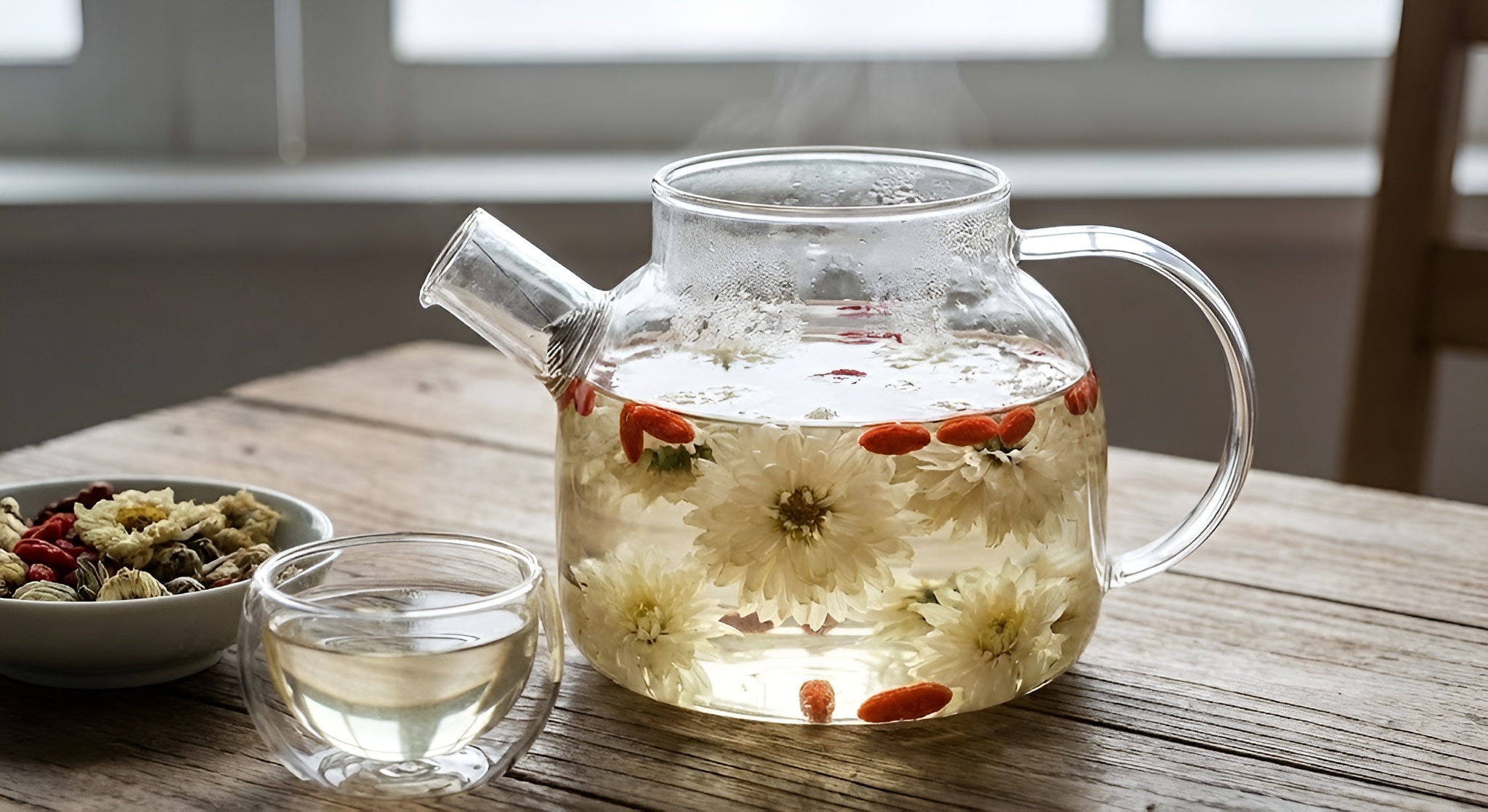 Close-up of flowering chrysantheum in a glass teapot